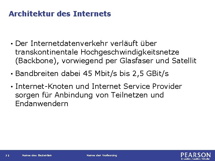 Architektur des Internets 71 • Der Internetdatenverkehr verläuft über transkontinentale Hochgeschwindigkeitsnetze (Backbone), vorwiegend per