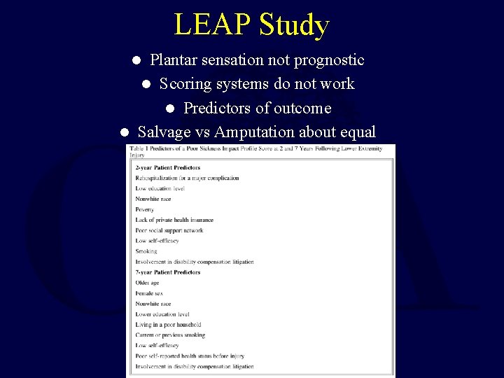 LEAP Study Plantar sensation not prognostic l Scoring systems do not work l Predictors