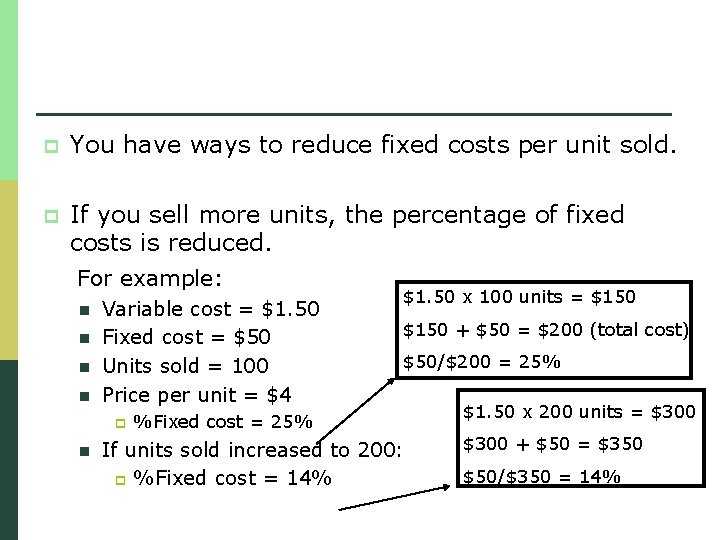 p You have ways to reduce fixed costs per unit sold. If you sell