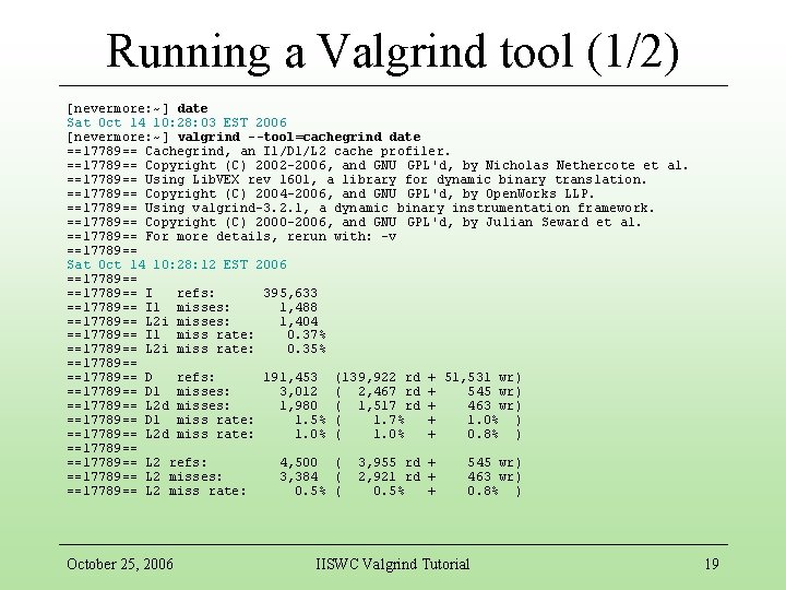 Running a Valgrind tool (1/2) [nevermore: ~] date Sat Oct 14 10: 28: 03