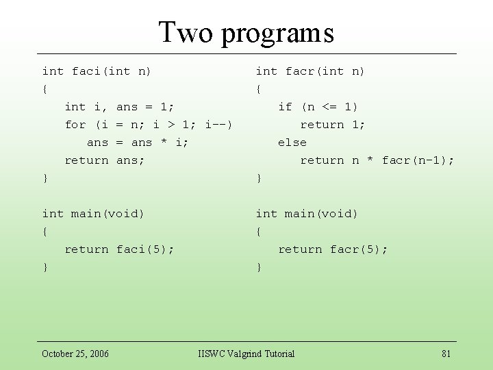 Two programs int faci(int n) { int i, ans = 1; for (i =