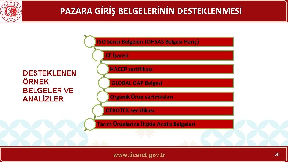 PAZARA GİRİŞ BELGELERİNİN DESTEKLENMESİ ISO Serisi Belgeleri (OHSAS Belgesi Hariç) CE İşareti DESTEKLENEN ÖRNEK