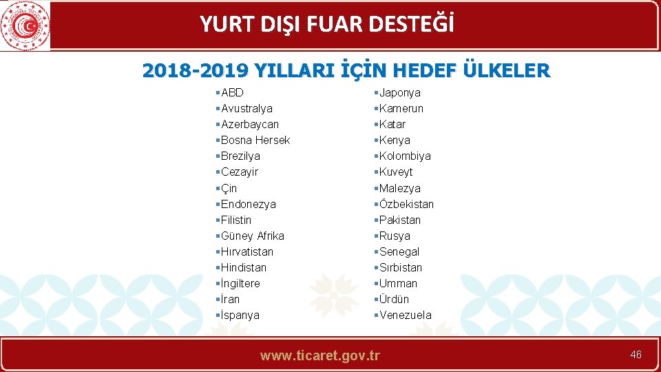 YURT DIŞI FUAR DESTEĞİ 2018 -2019 YILLARI İÇİN HEDEF ÜLKELER §ABD §Avustralya §Azerbaycan §Bosna