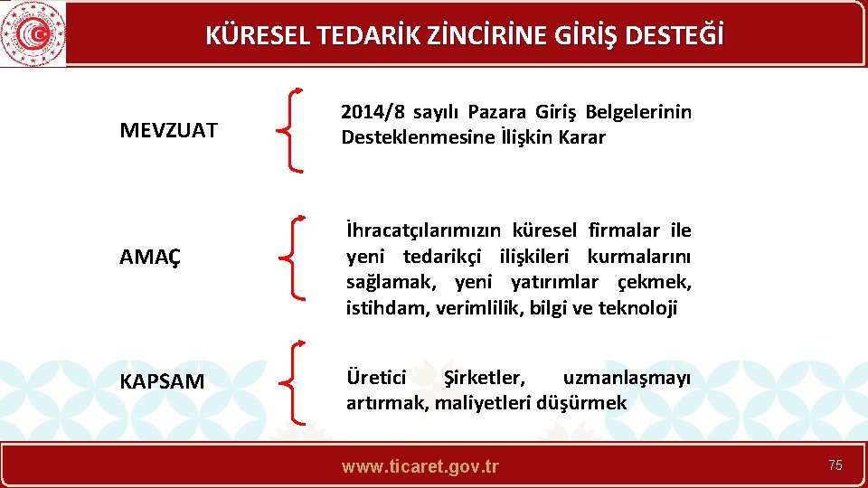 KÜRESEL TEDARİK ZİNCİRİNE GİRİŞ DESTEĞİ MEVZUAT AMAÇ KAPSAM 2014/8 sayılı Pazara Giriş Belgelerinin Desteklenmesine