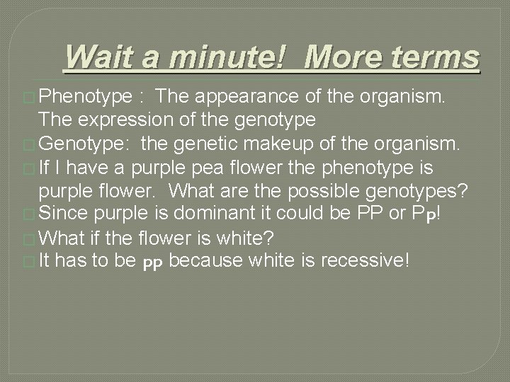 Wait a minute! More terms � Phenotype : The appearance of the organism. The