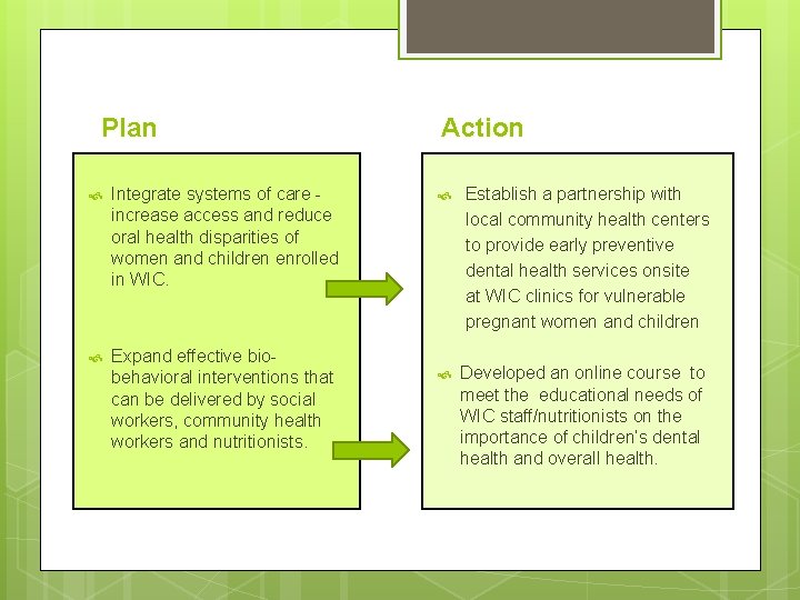 Plan Integrate systems of care increase access and reduce oral health disparities of women