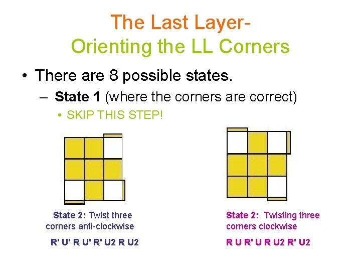 The Last Layer. Orienting the LL Corners • There are 8 possible states. – The Last Layer. Orienting the LL Corners • There are 8 possible states. –