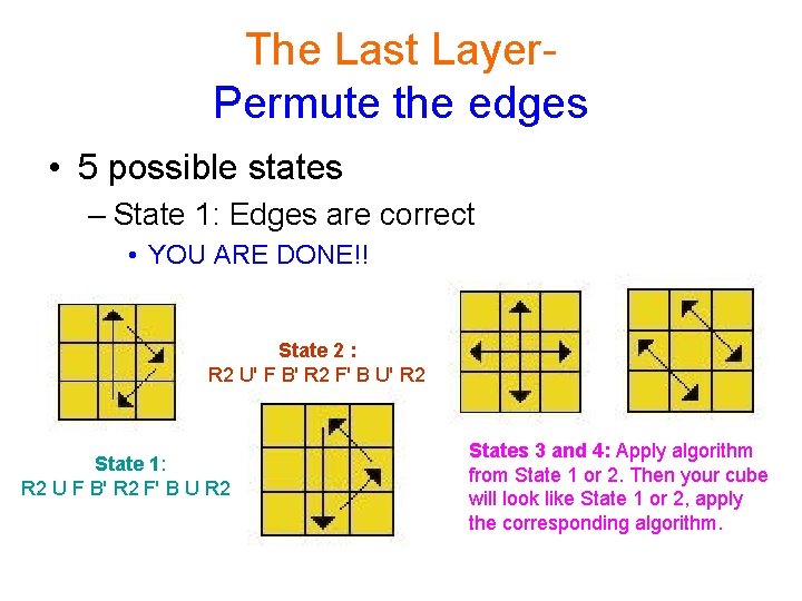 The Last Layer. Permute the edges • 5 possible states – State 1: Edges The Last Layer. Permute the edges • 5 possible states – State 1: Edges
