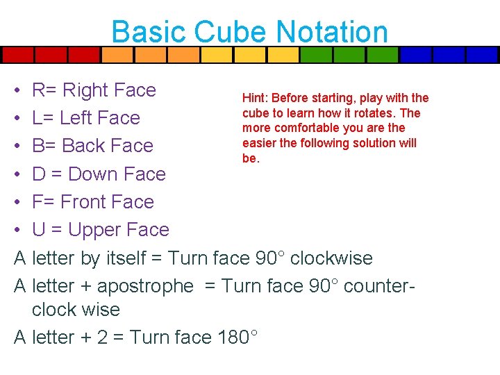 Basic Cube Notation • R= Right Face Hint: Before starting, play with the cube