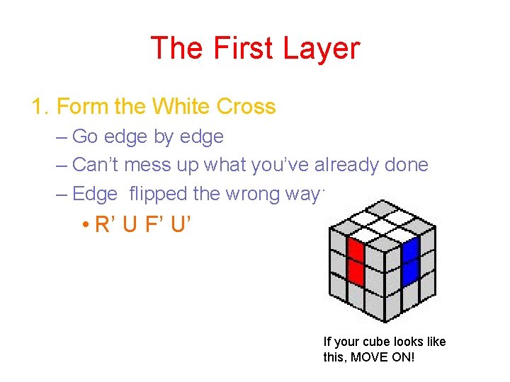 The First Layer 1. Form the White Cross – Go edge by edge –