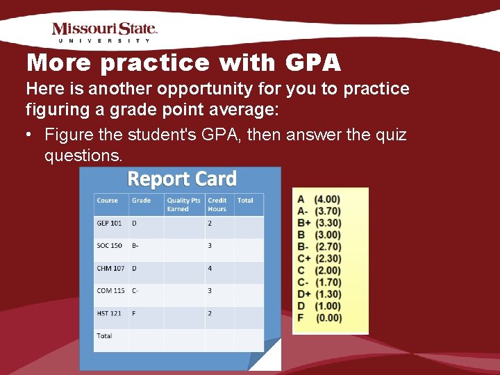 More practice with GPA Here is another opportunity for you to practice figuring a