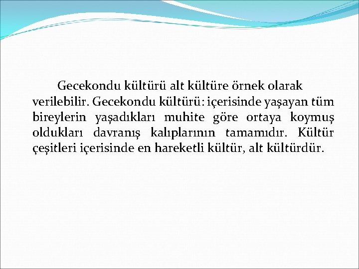 Gecekondu kültürü alt kültüre örnek olarak verilebilir. Gecekondu kültürü: içerisinde yaşayan tüm bireylerin yaşadıkları