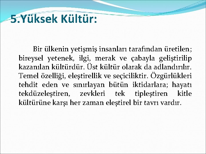 5. Yüksek Kültür: Bir ülkenin yetişmiş insanları tarafından üretilen; bireysel yetenek, ilgi, merak ve