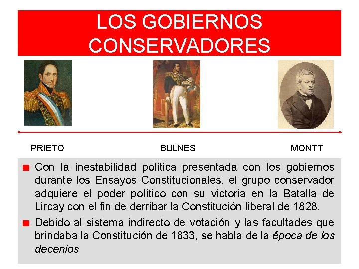 LOS GOBIERNOS CONSERVADORES PRIETO BULNES MONTT Con la inestabilidad política presentada con los gobiernos