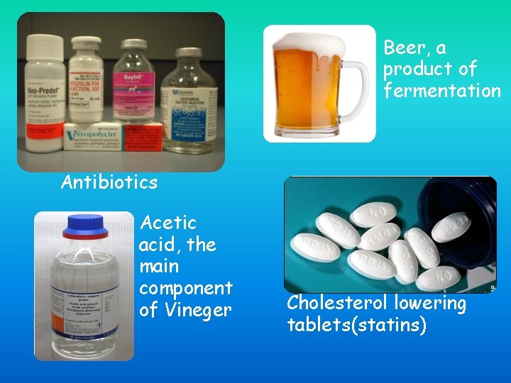 Beer, a product of fermentation Antibiotics Acetic acid, the main component of Vineger Cholesterol