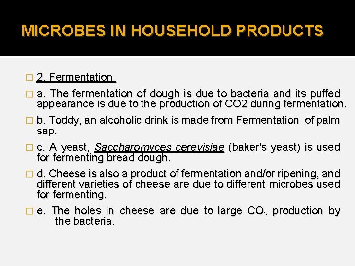 MICROBES IN HOUSEHOLD PRODUCTS 2. Fermentation � a. The fermentation of dough is due