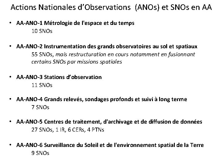 Actions Nationales d’Observations (ANOs) et SNOs en AA • AA-ANO-1 Métrologie de l'espace et