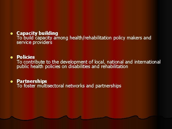 l Capacity building To build capacity among health/rehabilitation policy makers and service providers l