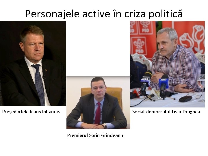 Personajele active în criza politică Social-democratul Liviu Dragnea Președintele Klaus Iohannis Premierul Sorin Grindeanu