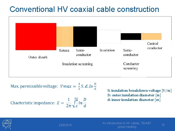 Conventional HV coaxial cable construction S: insulation breakdown voltage [V/m] D: outer insulation diameter