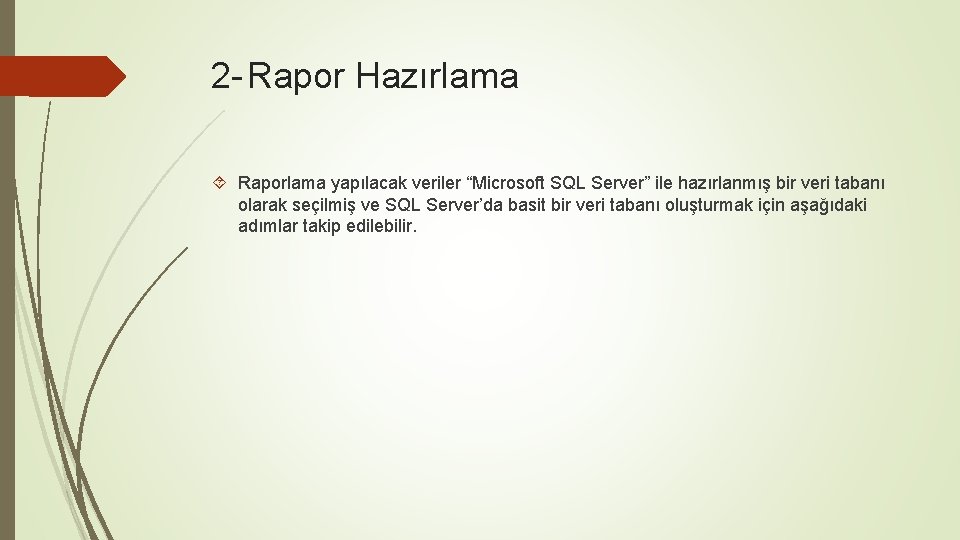 2 - Rapor Hazırlama Raporlama yapılacak veriler “Microsoft SQL Server” ile hazırlanmış bir veri