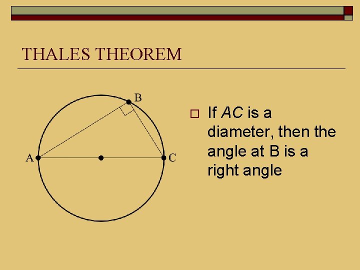 THALES THEOREM If AC is a diameter, then the angle at B is a