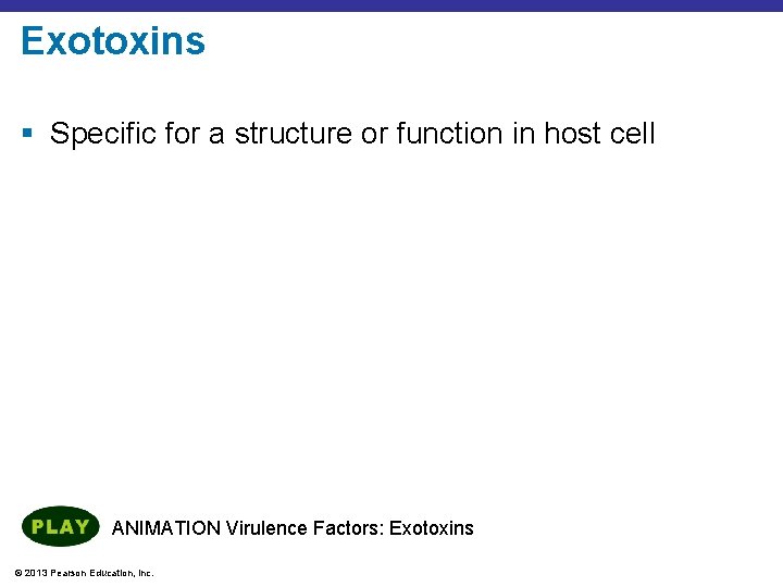 Exotoxins § Specific for a structure or function in host cell ANIMATION Virulence Factors: