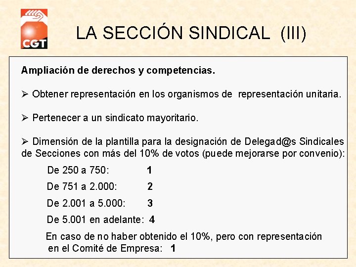 LA SECCIÓN SINDICAL (III) Ampliación de derechos y competencias. Ø Obtener representación en los