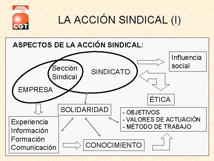 LA ACCIÓN SINDICAL (I) ASPECTOS DE LA ACCIÓN SINDICAL: Sección Sindical SINDICATO Influencia social LA ACCIÓN SINDICAL (I) ASPECTOS DE LA ACCIÓN SINDICAL: Sección Sindical SINDICATO Influencia social