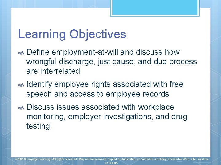 Learning Objectives Define employment-at-will and discuss how wrongful discharge, just cause, and due process