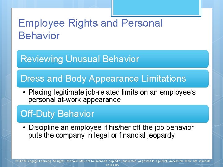 Employee Rights and Personal Behavior Reviewing Unusual Behavior Dress and Body Appearance Limitations •