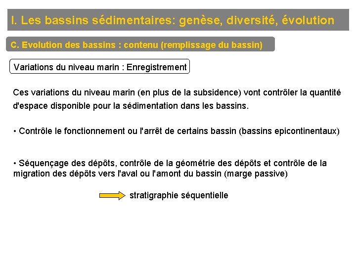 I. Les bassins sédimentaires: genèse, diversité, évolution C. Evolution des bassins : contenu (remplissage