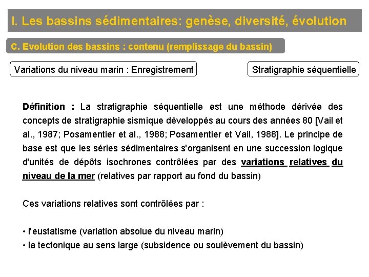 I. Les bassins sédimentaires: genèse, diversité, évolution C. Evolution des bassins : contenu (remplissage