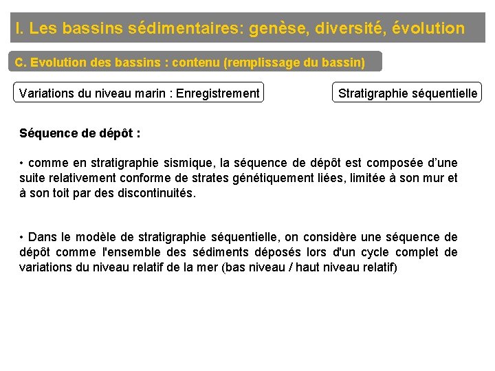 I. Les bassins sédimentaires: genèse, diversité, évolution C. Evolution des bassins : contenu (remplissage