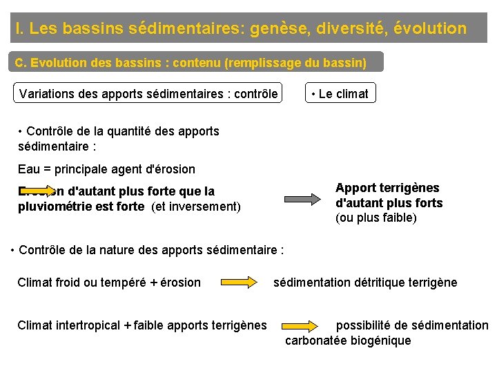 I. Les bassins sédimentaires: genèse, diversité, évolution C. Evolution des bassins : contenu (remplissage