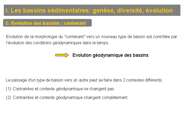 I. Les bassins sédimentaires: genèse, diversité, évolution C. Evolution des bassins : contenant Evolution