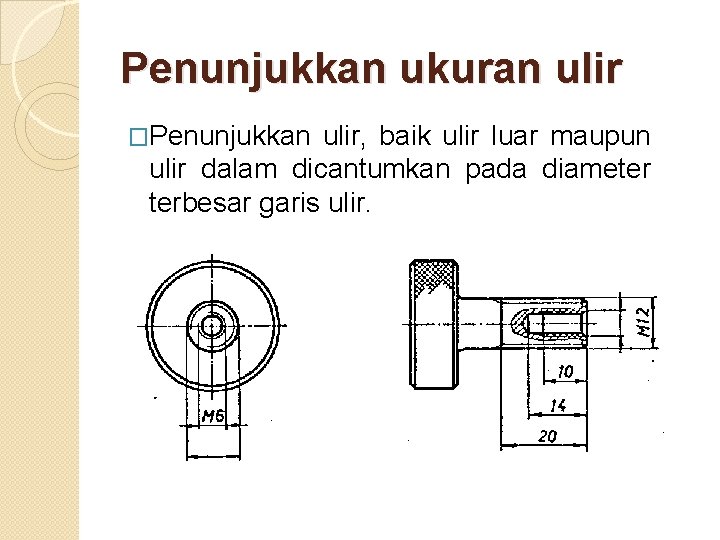 Penunjukkan ukuran ulir �Penunjukkan ulir, baik ulir luar maupun ulir dalam dicantumkan pada diameter