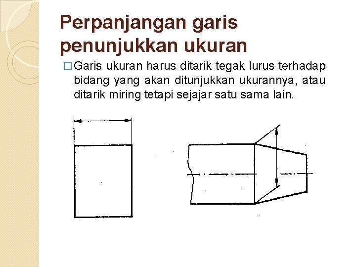 Perpanjangan garis penunjukkan ukuran � Garis ukuran harus ditarik tegak lurus terhadap bidang yang