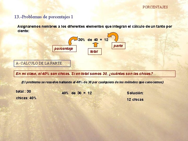 PORCENTAJES 13. -Problemas de porcentajes 1 Asignaremos nombres a los diferentes elementos que integran