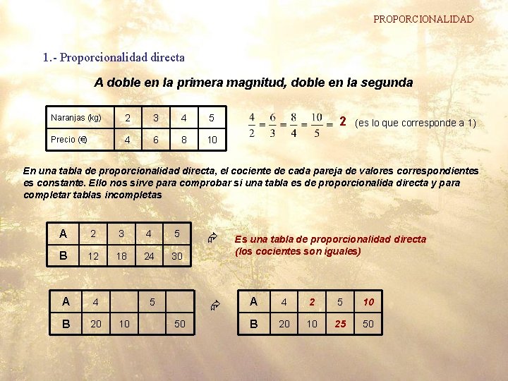 PROPORCIONALIDAD 1. - Proporcionalidad directa A doble en la primera magnitud, doble en la