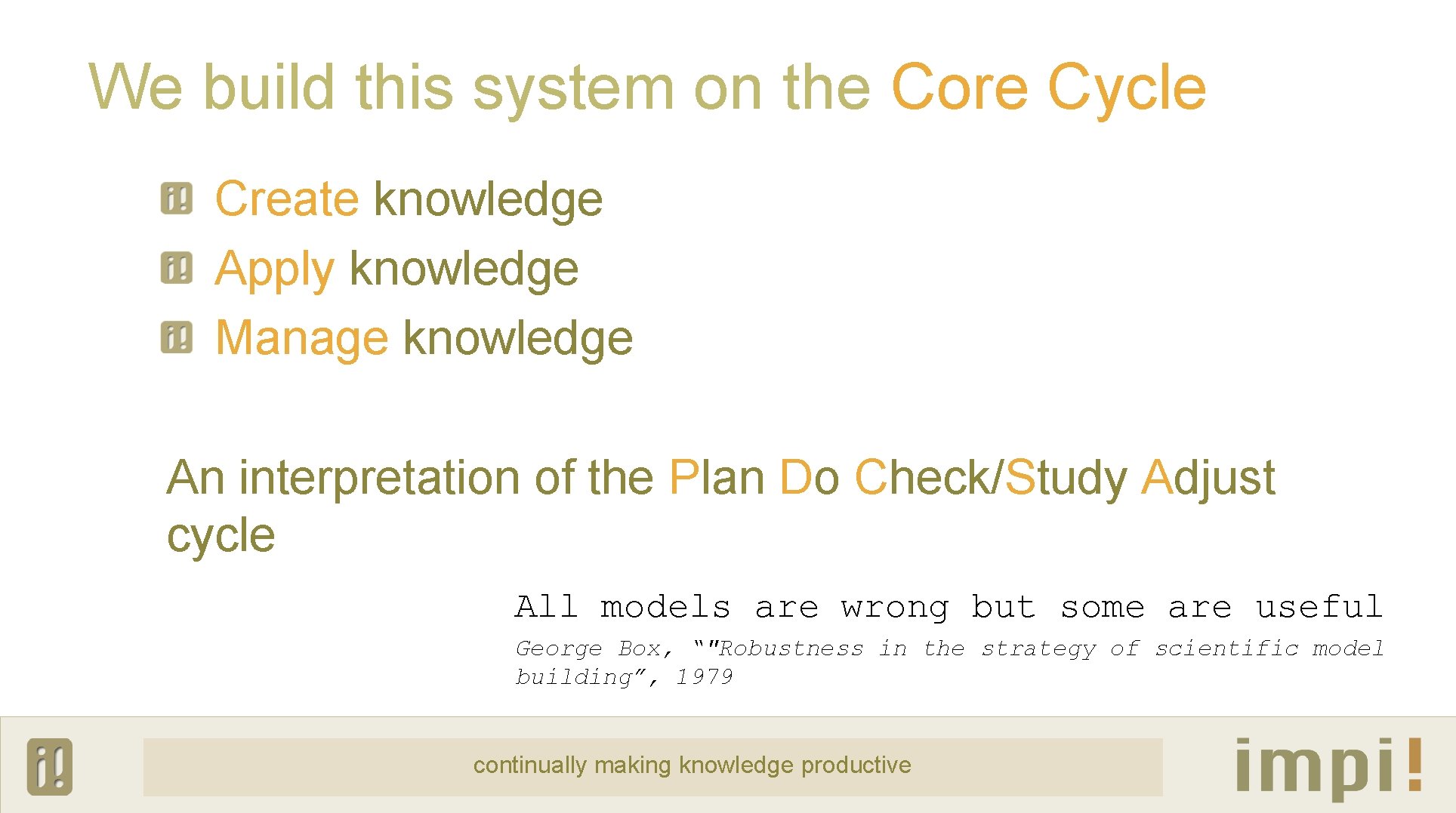 We build this system on the Core Cycle Create knowledge Apply knowledge Manage knowledge