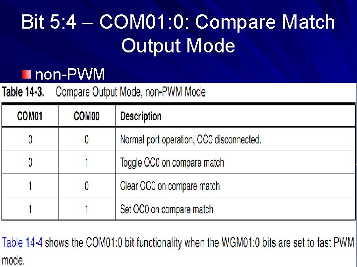 Bit 5: 4 – COM 01: 0: Compare Match Output Mode non-PWM 