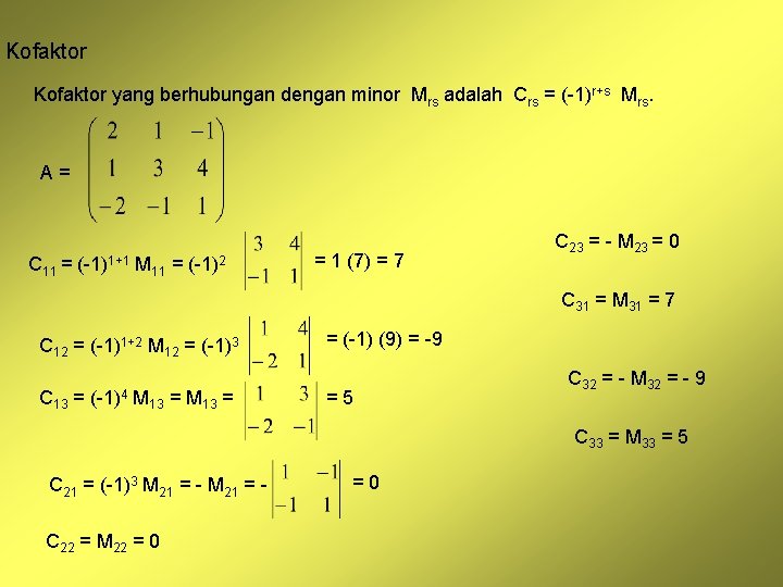 Kofaktor yang berhubungan dengan minor Mrs adalah Crs = (-1)r+s Mrs. A= C 11