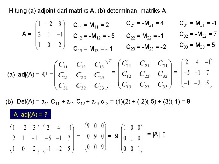 Hitung (a) adjoint dari matriks A, (b) determinan matriks A A= C 11 =