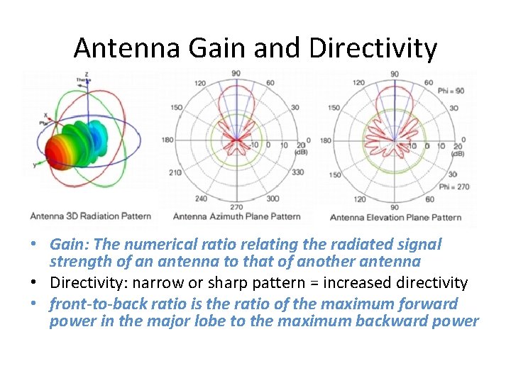 Antenna Gain and Directivity • Gain: The numerical ratio relating the radiated signal strength