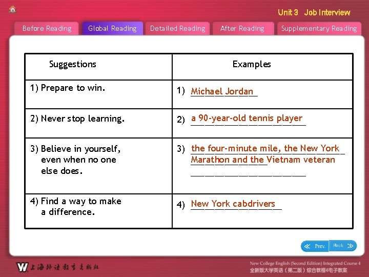 Unit 3 Job Interview Before Reading Global Reading Suggestions Detailed Reading After Reading Supplementary
