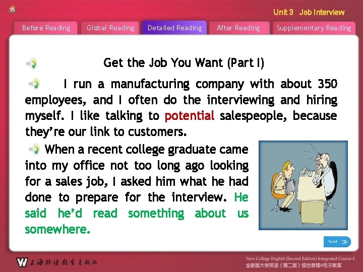 Unit 3 Job Interview Before Reading Global Reading Detailed Reading After Reading Supplementary Reading