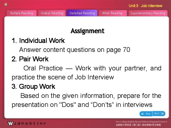 Unit 3 Job Interview Before Reading Global Reading Detailed Reading After Reading Supplementary Reading