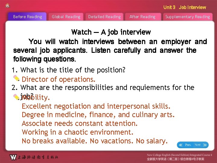Unit 3 Job Interview Before Reading Global Reading Detailed Reading After Reading Supplementary Reading