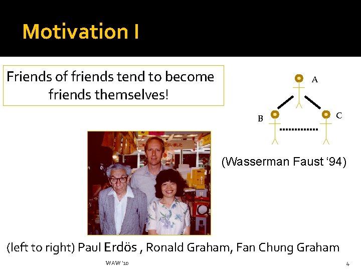 Motivation I Friends of friends tend to become friends themselves! A B C (Wasserman